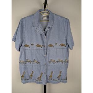 Vintage Studio Collection short sleeve denim shirt zebra giraffe leopard